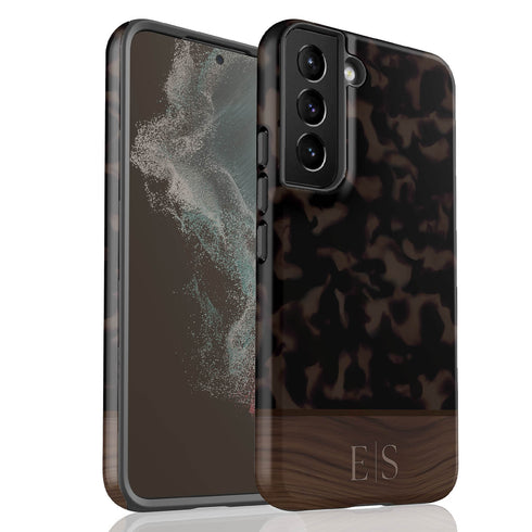 Custom Wood Initials Dark Tortoiseshell Galaxy Case