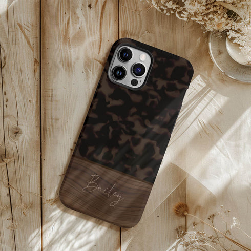 Custom Wood Name Dark Tortoiseshell iPhone Case