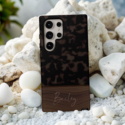 Custom Wood Name Dark Tortoiseshell Galaxy Case