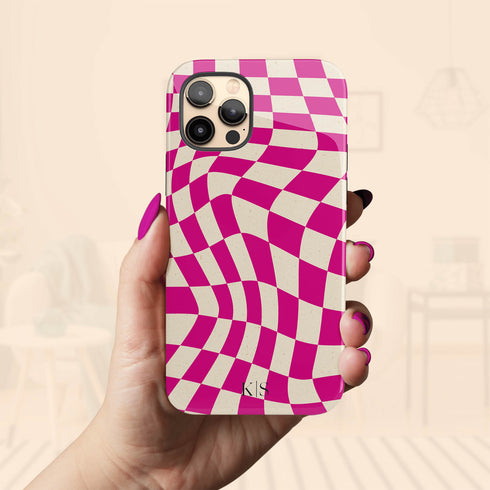 Custom Initials Wavy Groovy Checkerboard iPhone Case