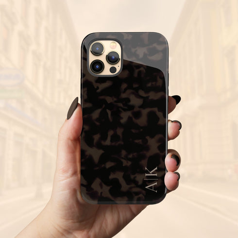 Dark Tortoiseshell Custom Initials iPhone Case - Vertical