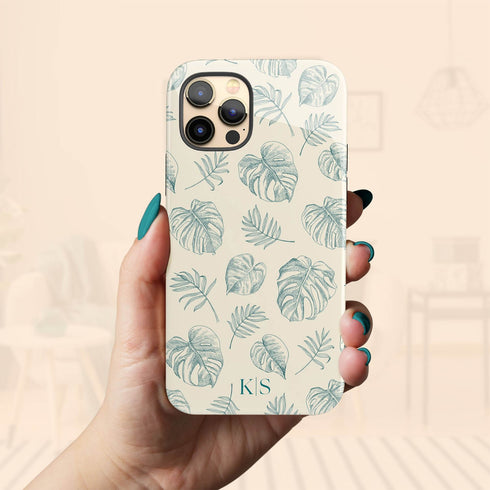 Custom Initials Tropical Monstera Leaves iPhone Case