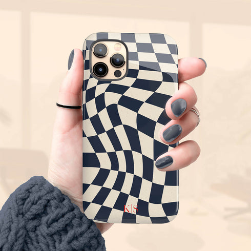 Custom Initials Wavy Groovy Checkerboard iPhone Case