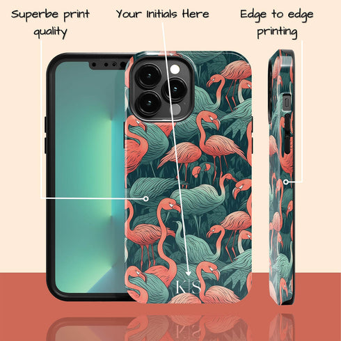 Custom Initials Tropical Pink Flamingos iPhone Case