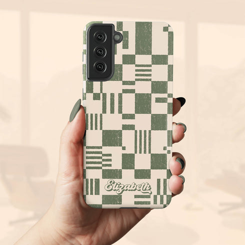 Custom Name Retro Geometric Checkerboard Galaxy Case
