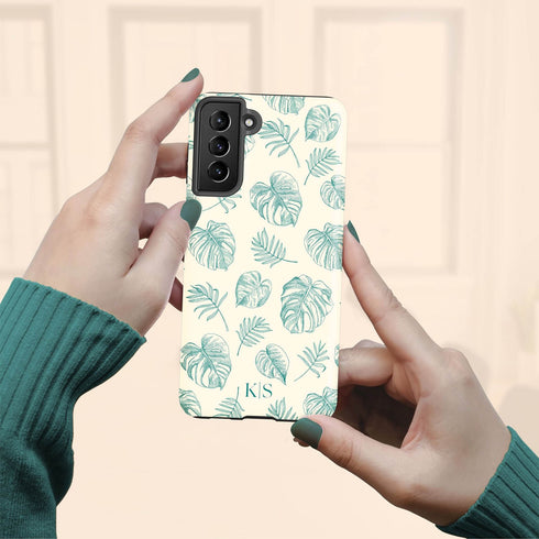 Custom Initials Tropical Monstera Leaves Galaxy Case
