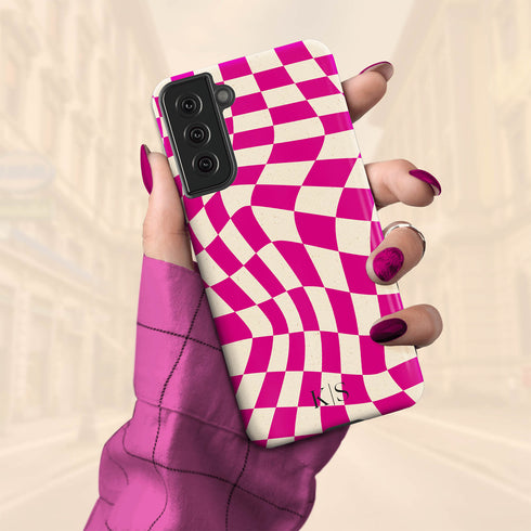 Custom Initials Wavy Groovy Checkerboard Galaxy Case