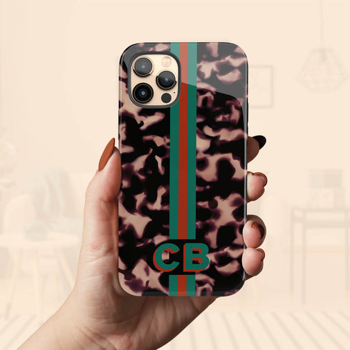 3D Striped Pattern Initials Dark Tort iPhone Case