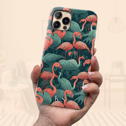 Custom Initials Tropical Pink Flamingos iPhone Case