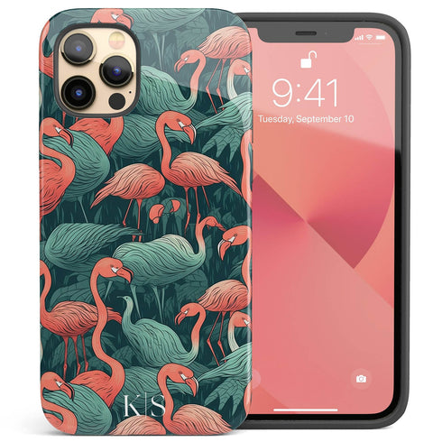 Custom Initials Tropical Pink Flamingos iPhone Case