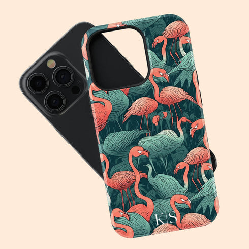 Custom Initials Tropical Pink Flamingos iPhone Case