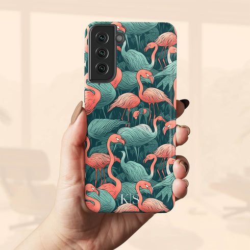 Custom Initials Tropical Pink Flamingos Galaxy Case
