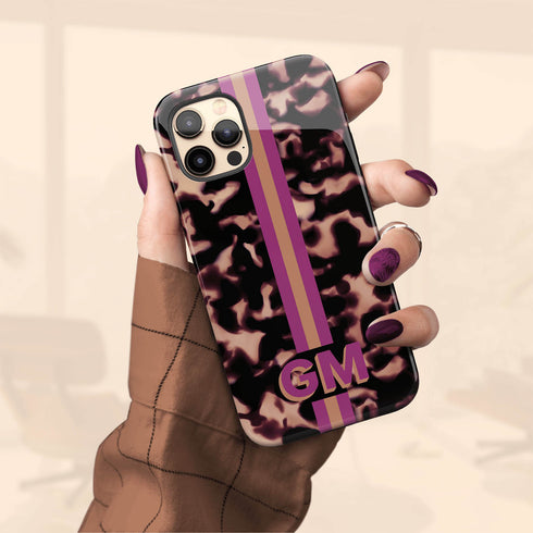 3D Striped Pattern Initials Dark Tort iPhone Case