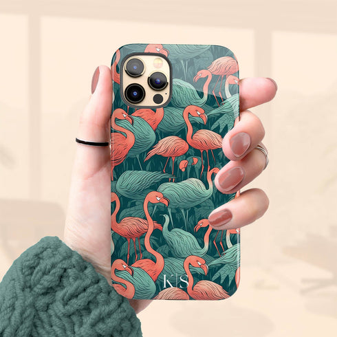 Custom Initials Tropical Pink Flamingos iPhone Case