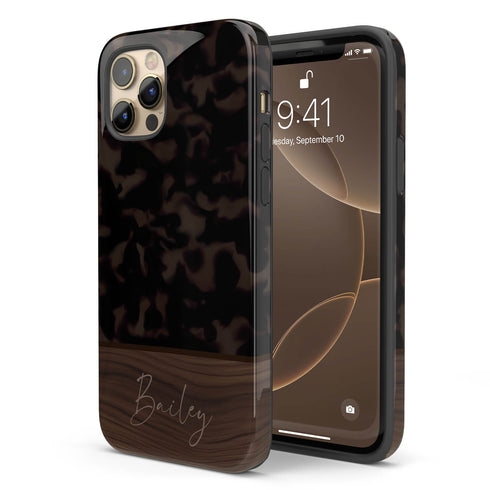 Custom Wood Name Dark Tortoiseshell iPhone Case