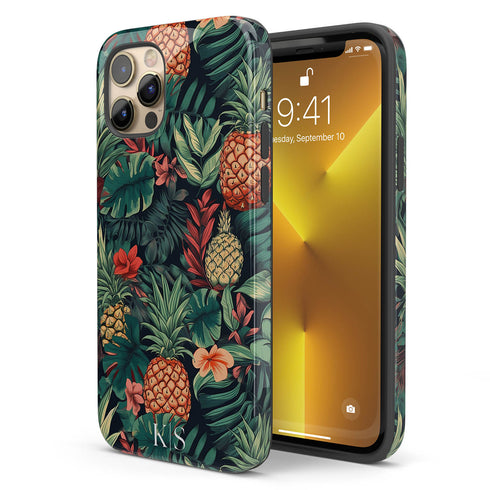 Custom Initials Tropical Pineapples & Flowers iPhone Case