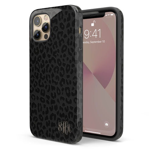 Dark Leopard Custom Curly Initials iPhone Case - Vertical