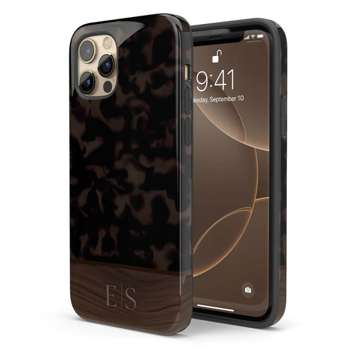 Custom Wood Initials Dark Tortoiseshell iPhone Case