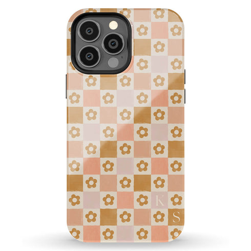Custom Initials Floral Checkerboard iPhone Case