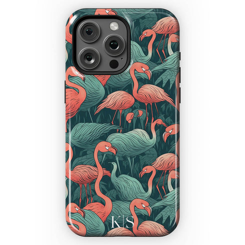 Custom Initials Tropical Pink Flamingos iPhone Case