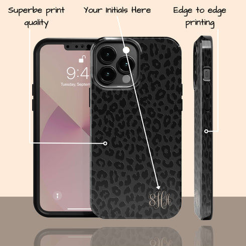 Dark Leopard Custom Curly Initials iPhone Case - Vertical