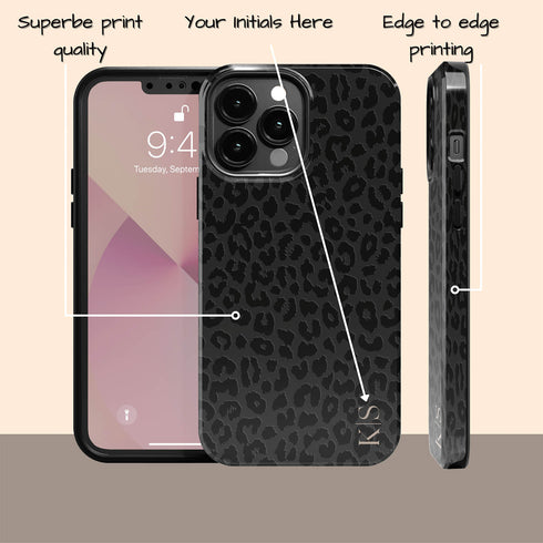 Black Leopard Custom Initials iPhone Case - Vertical