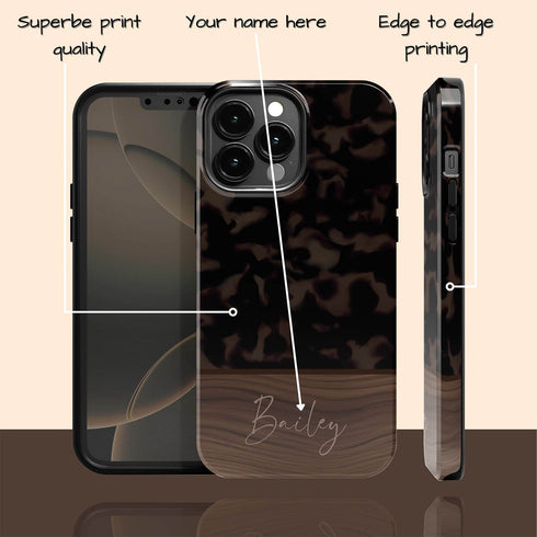 Custom Wood Name Dark Tortoiseshell iPhone Case