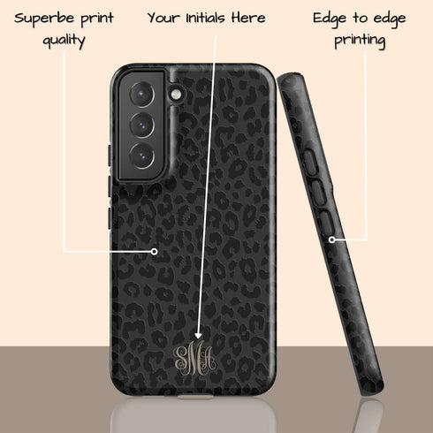 Dark Leopard Custom Curly Initials Galaxy Case - Centered