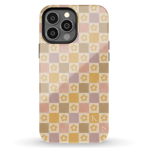 Custom Initials Floral Checkerboard iPhone Case
