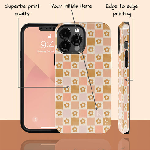 Custom Initials Floral Checkerboard iPhone Case
