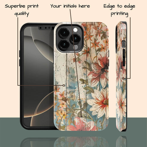 Custom Initials Boho Chic Vintage Floral iPhone Case