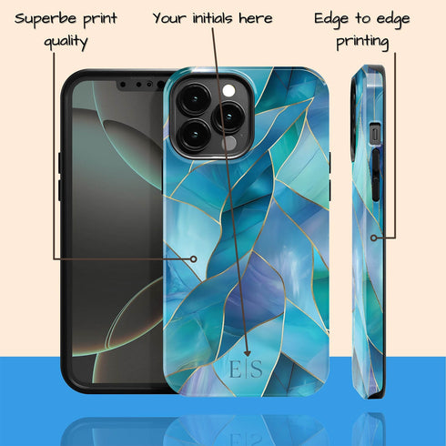Custom Initials Blue Abstract Stained Glass iPhone Case