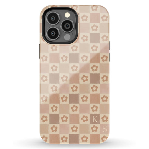 Custom Initials Floral Checkerboard iPhone Case