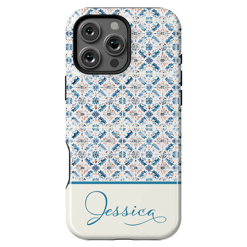 Custom Name Blue Mediterranean Tiles iPhone Case