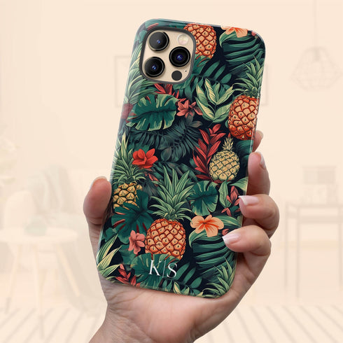 Custom Initials Tropical Pineapples & Flowers iPhone Case