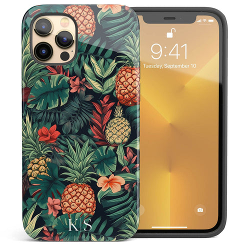 Custom Initials Tropical Pineapples & Flowers iPhone Case
