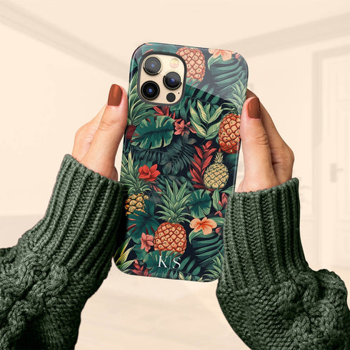 Custom Initials Tropical Pineapples & Flowers iPhone Case