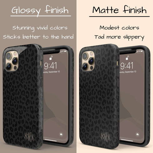 Dark Leopard Custom Curly Initials iPhone Case - Vertical