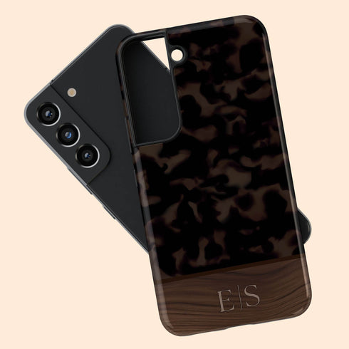 Custom Wood Initials Dark Tortoiseshell Galaxy Case