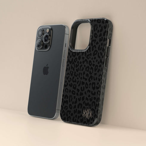 Dark Leopard Custom Curly Initials iPhone Case - Vertical