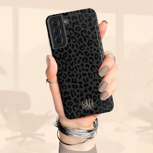 Dark Leopard Custom Curly Initials Galaxy Case - Centered