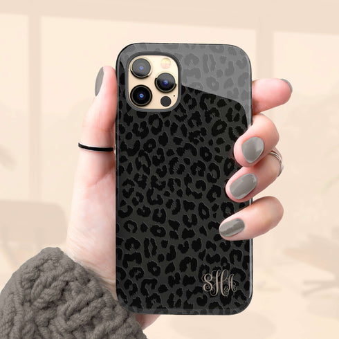 Dark Leopard Custom Curly Initials iPhone Case - Vertical