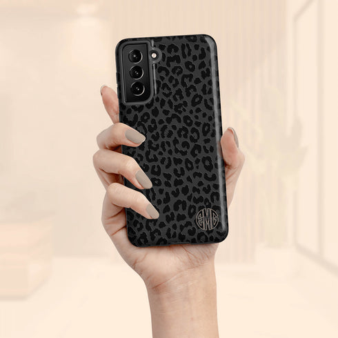 Dark Leopard Round Monogram Galaxy Case - Vertical