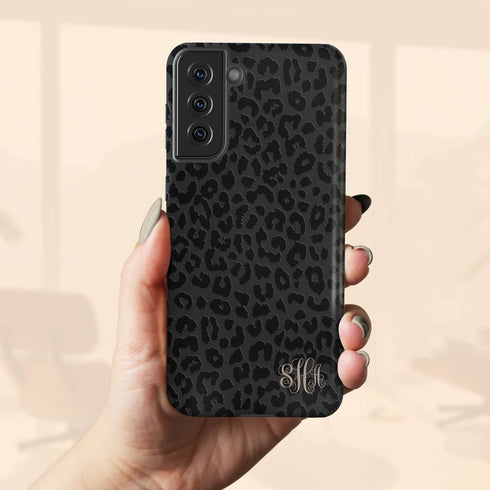 Dark Leopard Custom Curly Initials Galaxy Case - Vertical
