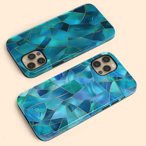 Custom Initials Blue Abstract Stained Glass iPhone Case