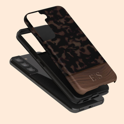 Custom Wood Initials Dark Tortoiseshell Galaxy Case