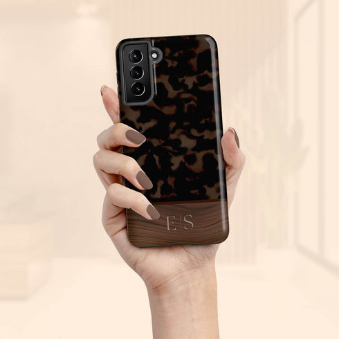 Custom Wood Initials Dark Tortoiseshell Galaxy Case