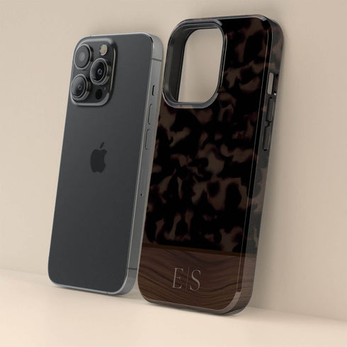 Custom Wood Initials Dark Tortoiseshell iPhone Case