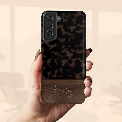 Custom Wood Name Dark Tortoiseshell Galaxy Case