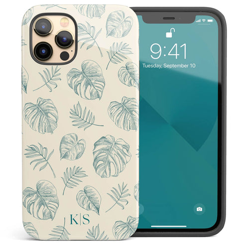 Custom Initials Tropical Monstera Leaves iPhone Case